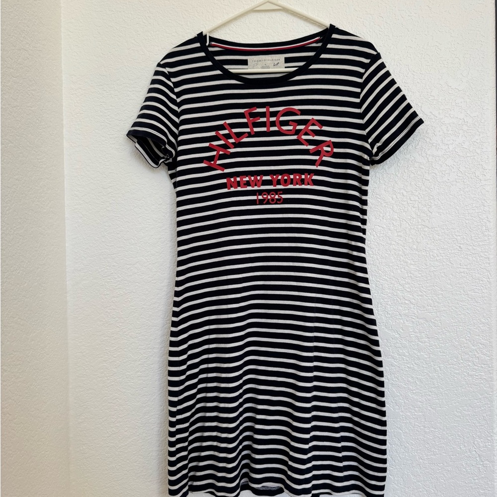 Tommy Hilfiger Black and White Striped Dress with Red Logo women’s size Medium
